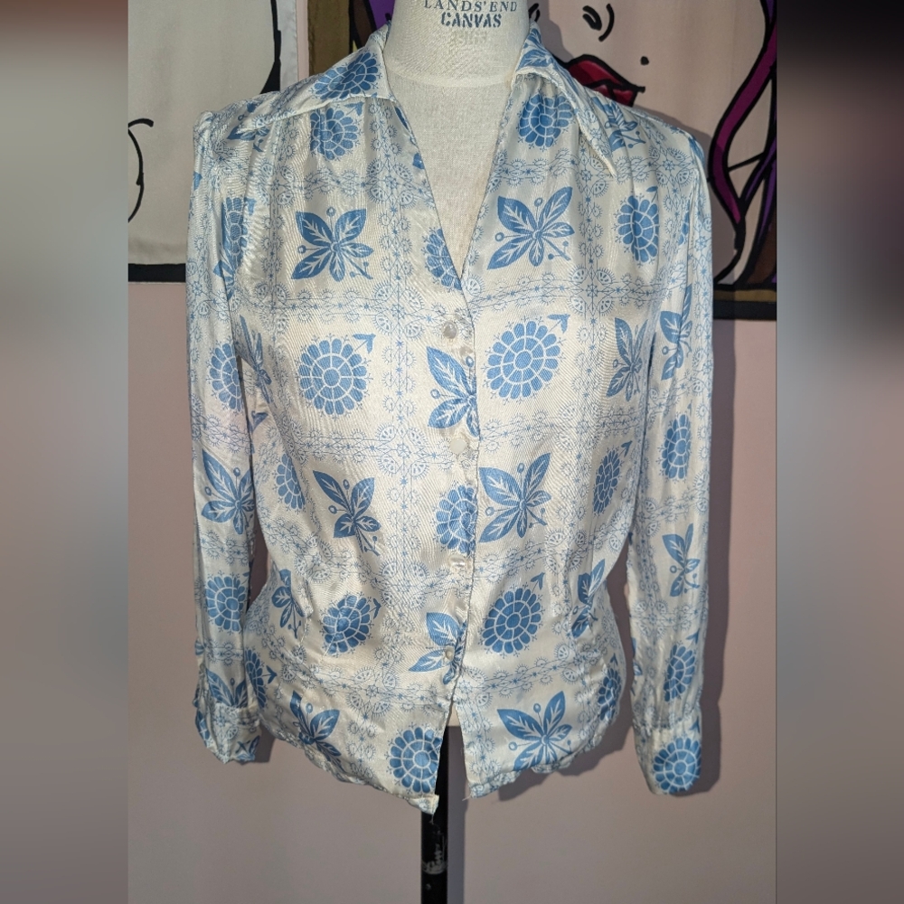 Lands' End Blue and White Floral Button Down Shirt